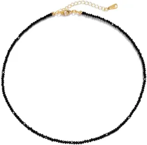 Dainty Black Spinel Beaded Choker Necklace for Women Trendy Natural Shiny 3mm Black Agate Crystal Stone Necklace 18k Gold Plated Chain Adjustable Cute Necklace Jewelry for Teen Girls Gifts