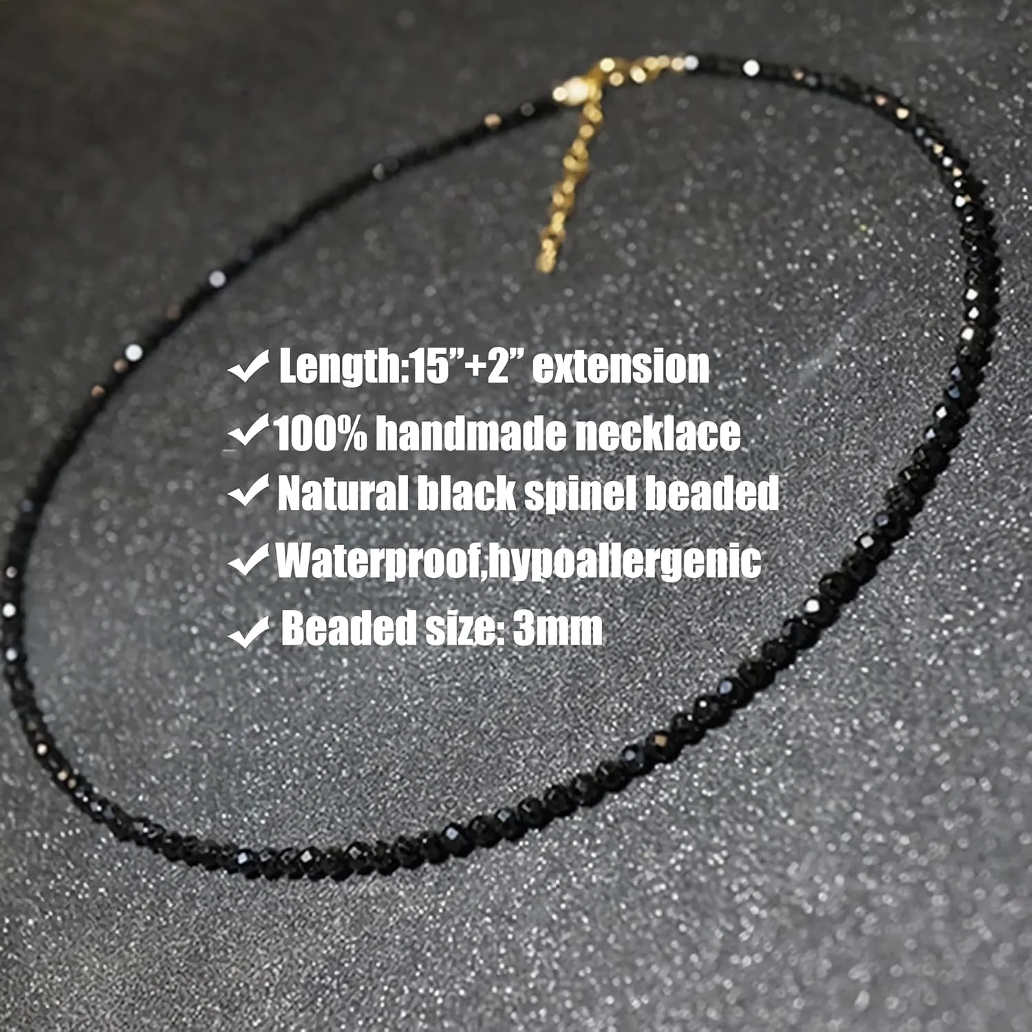 Dainty Black Spinel Beaded Choker Necklace for Women Trendy Natural Shiny 3mm Black Agate Crystal Stone Necklace 18k Gold Plated Chain Adjustable Cute Necklace Jewelry for Teen Girls Gifts
