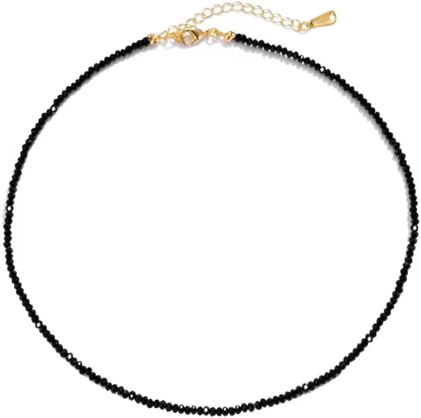 Dainty Black Spinel Beaded Choker Necklace for Women Trendy Natural Shiny 3mm Black Agate Crystal Stone Necklace 18k Gold Plated Chain Adjustable Cute Necklace Jewelry for Teen Girls Gifts