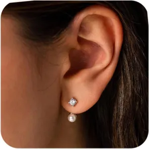 Dainty Gold Pearl Earrings for Women, Trendy 14k Gold Filled Freshwater CZ Leaf Bow Pearl Dangle Drop Earrings Lightweight Hypoallergenic Bridesmaid Stud Earring Wedding Statement Jewelry for Women Gifts