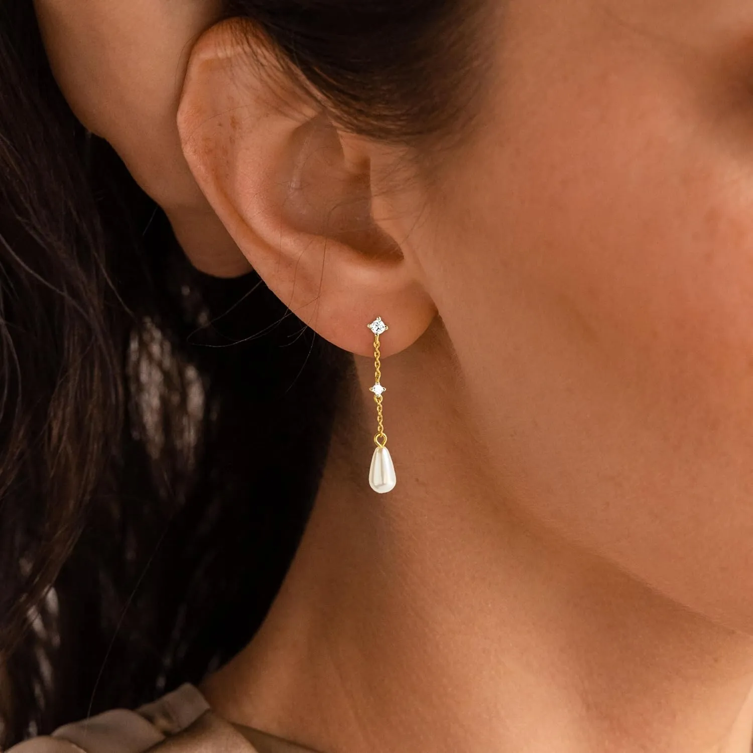 Dainty Gold Pearl Earrings for Women, Trendy 14k Gold Filled Freshwater CZ Leaf Bow Pearl Dangle Drop Earrings Lightweight Hypoallergenic Bridesmaid Stud Earring Wedding Statement Jewelry for Women Gifts