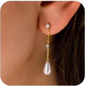 Dainty Gold Pearl Earrings for Women, Trendy 14k Gold Filled Freshwater CZ Leaf Bow Pearl Dangle Drop Earrings Lightweight Hypoallergenic Bridesmaid Stud Earring Wedding Statement Jewelry for Women Gifts