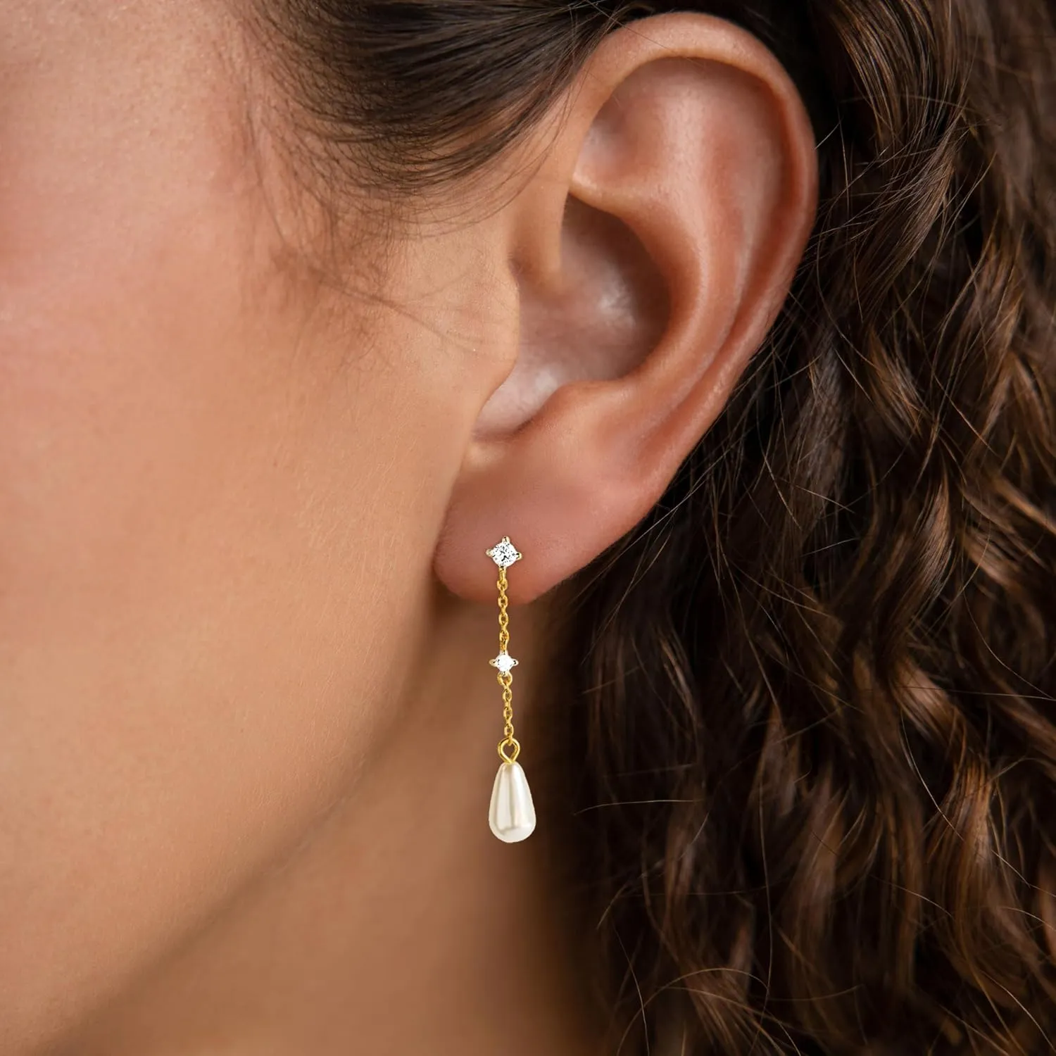 Dainty Gold Pearl Earrings for Women, Trendy 14k Gold Filled Freshwater CZ Leaf Bow Pearl Dangle Drop Earrings Lightweight Hypoallergenic Bridesmaid Stud Earring Wedding Statement Jewelry for Women Gifts