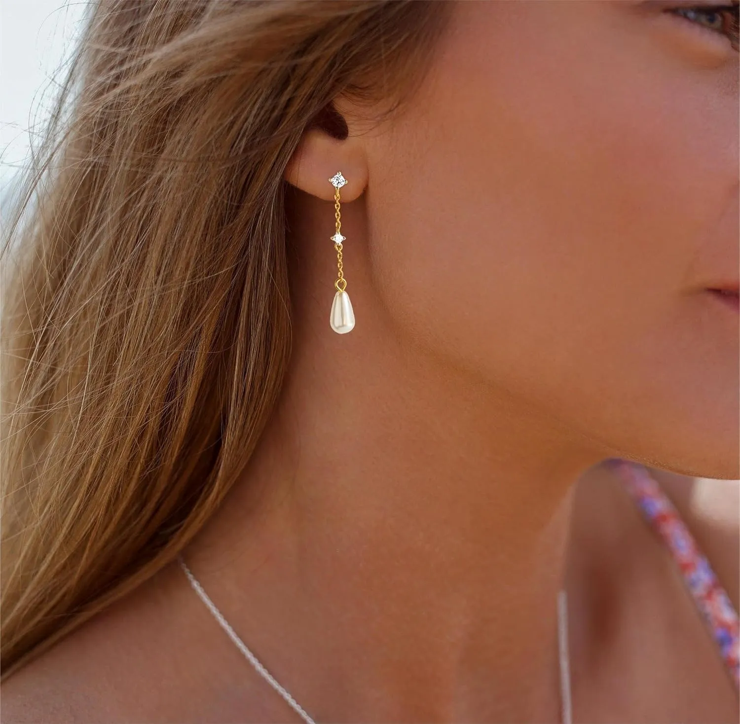 Dainty Gold Pearl Earrings for Women, Trendy 14k Gold Filled Freshwater CZ Leaf Bow Pearl Dangle Drop Earrings Lightweight Hypoallergenic Bridesmaid Stud Earring Wedding Statement Jewelry for Women Gifts