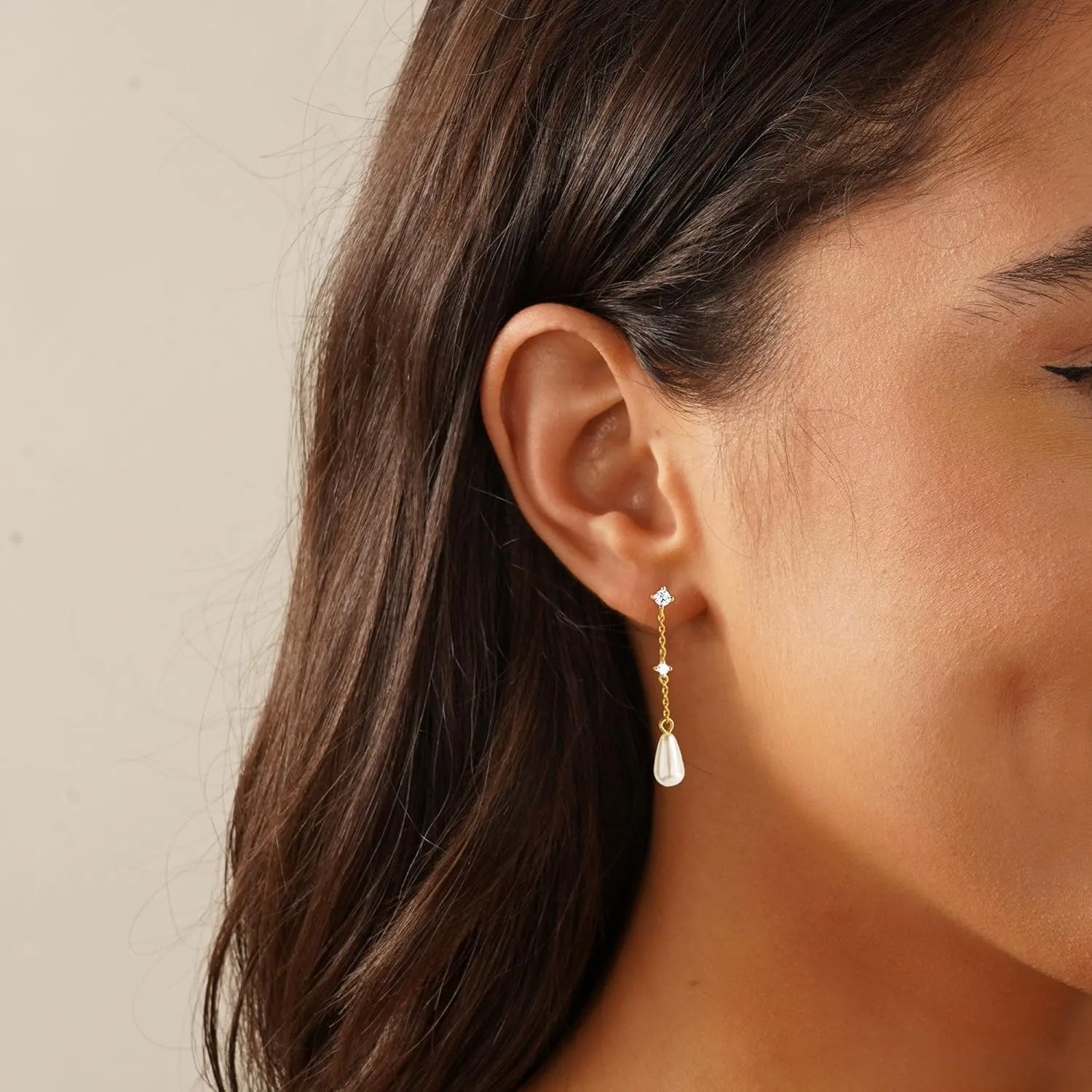 Dainty Gold Pearl Earrings for Women, Trendy 14k Gold Filled Freshwater CZ Leaf Bow Pearl Dangle Drop Earrings Lightweight Hypoallergenic Bridesmaid Stud Earring Wedding Statement Jewelry for Women Gifts
