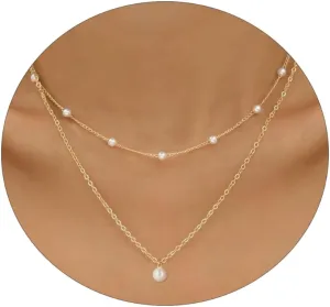 Dainty Layered Pearl Necklaces for Women 14K Gold Plated Pearl Necklace Layering Pearl Paperclip Necklace Trendy Women Pearl Pendant Jewelry Gifts