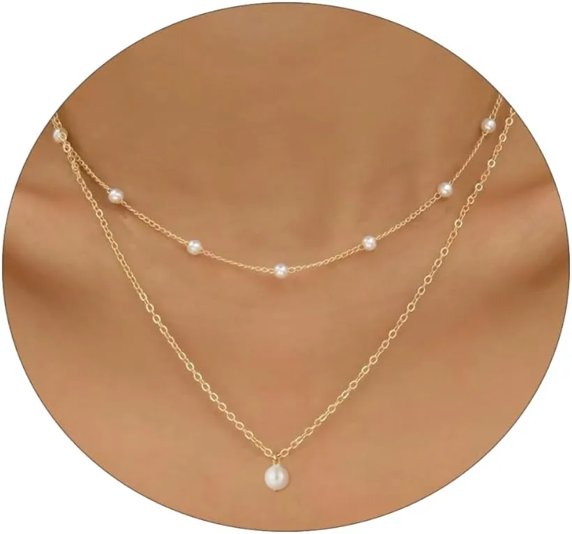 Dainty Layered Pearl Necklaces for Women 14K Gold Plated Pearl Necklace Layering Pearl Paperclip Necklace Trendy Women Pearl Pendant Jewelry Gifts
