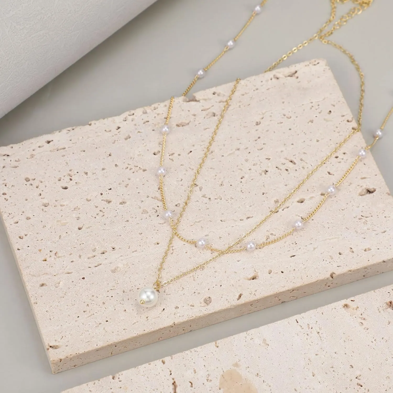 Dainty Layered Pearl Necklaces for Women 14K Gold Plated Pearl Necklace Layering Pearl Paperclip Necklace Trendy Women Pearl Pendant Jewelry Gifts