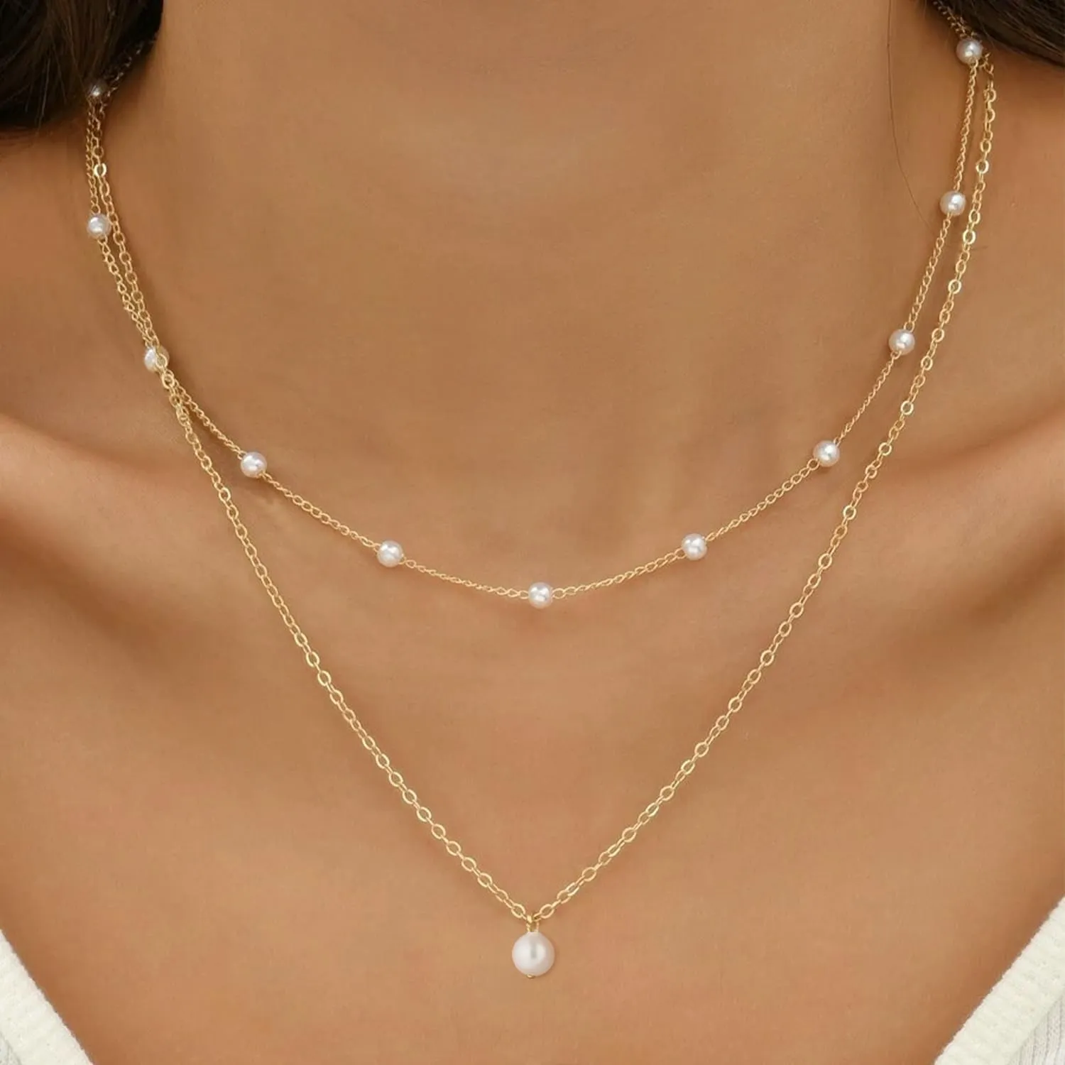 Dainty Layered Pearl Necklaces for Women 14K Gold Plated Pearl Necklace Layering Pearl Paperclip Necklace Trendy Women Pearl Pendant Jewelry Gifts