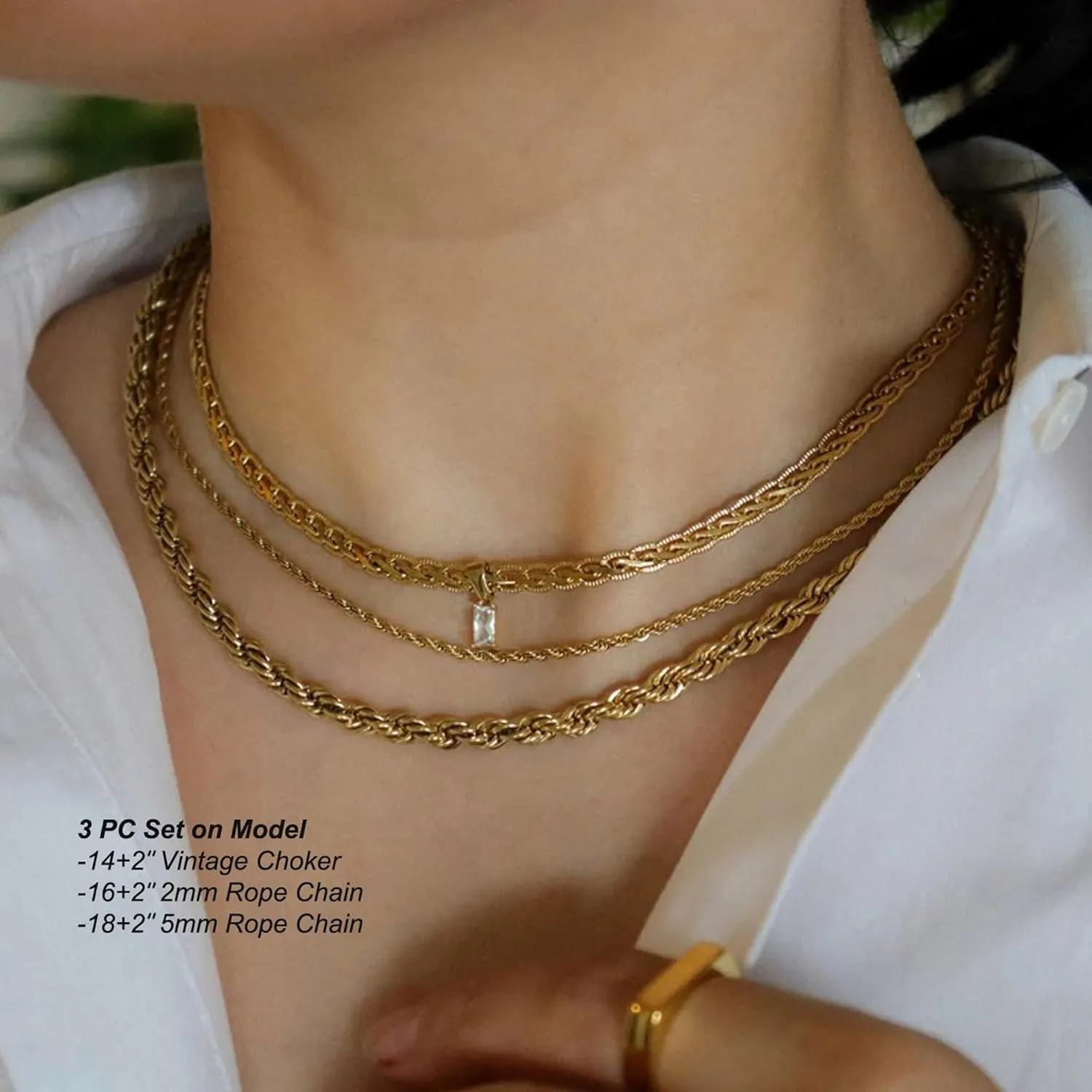 Dainty Layering Necklaces for Women 18K Gold Plated Rope Chain Vintage Waterproof Anti Tarnish Layered Choker Necklace
