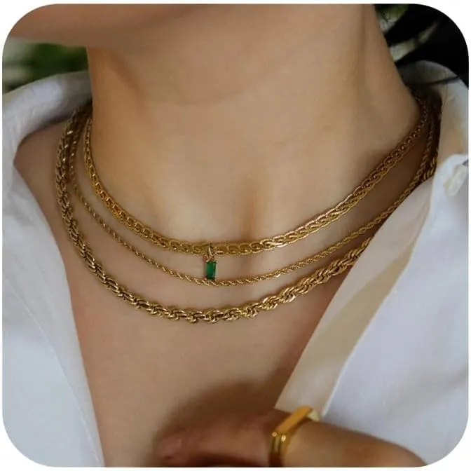 Dainty Layering Necklaces for Women 18K Gold Plated Rope Chain Vintage Waterproof Anti Tarnish Layered Choker Necklace