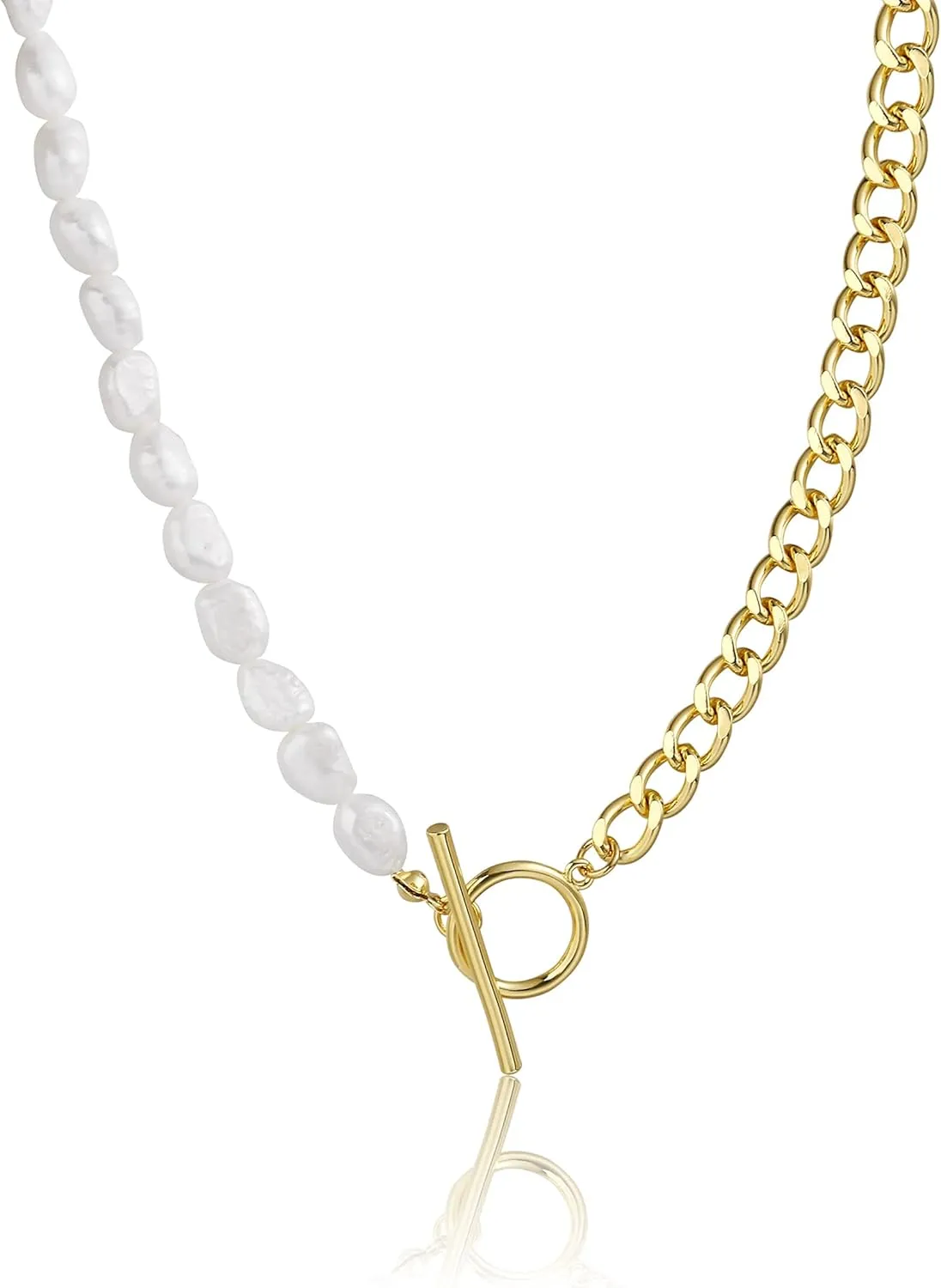 Dainty Pearl Pendant Necklace For Women Plated 14k Gold Elegant Freshwater Pearl Necklaces Toggle Paperclip Pearl Necklace Half Pearl Half Chain Choker Necklace Irregular Gold Pearl Chain Simple Jewelry For Gifts