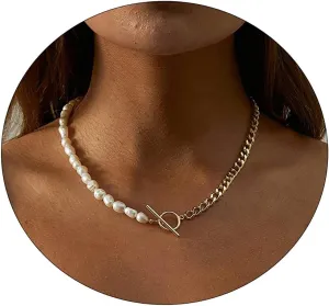 Dainty Pearl Pendant Necklace For Women Plated 14k Gold Elegant Freshwater Pearl Necklaces Toggle Paperclip Pearl Necklace Half Pearl Half Chain Choker Necklace Irregular Gold Pearl Chain Simple Jewelry For Gifts