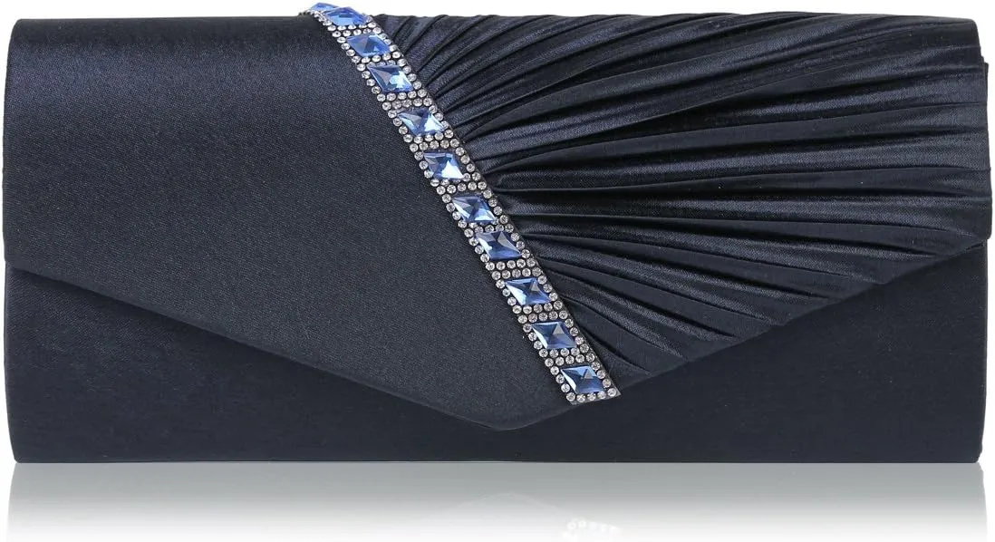 Damara Womens Pleated Crystal-Studded Satin Handbag Evening Clutch,Navy Blue