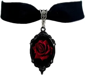Dark Red Rose Flower Black Velvet Choker Necklace for Women Gothic Vintage Victorian Crystal Pendant Collar Necklaces Statement Sexy Cameo Punk Witch Vampire Steampunk Neck Cosplay Jewelry Halloween Party Accessories Gifts