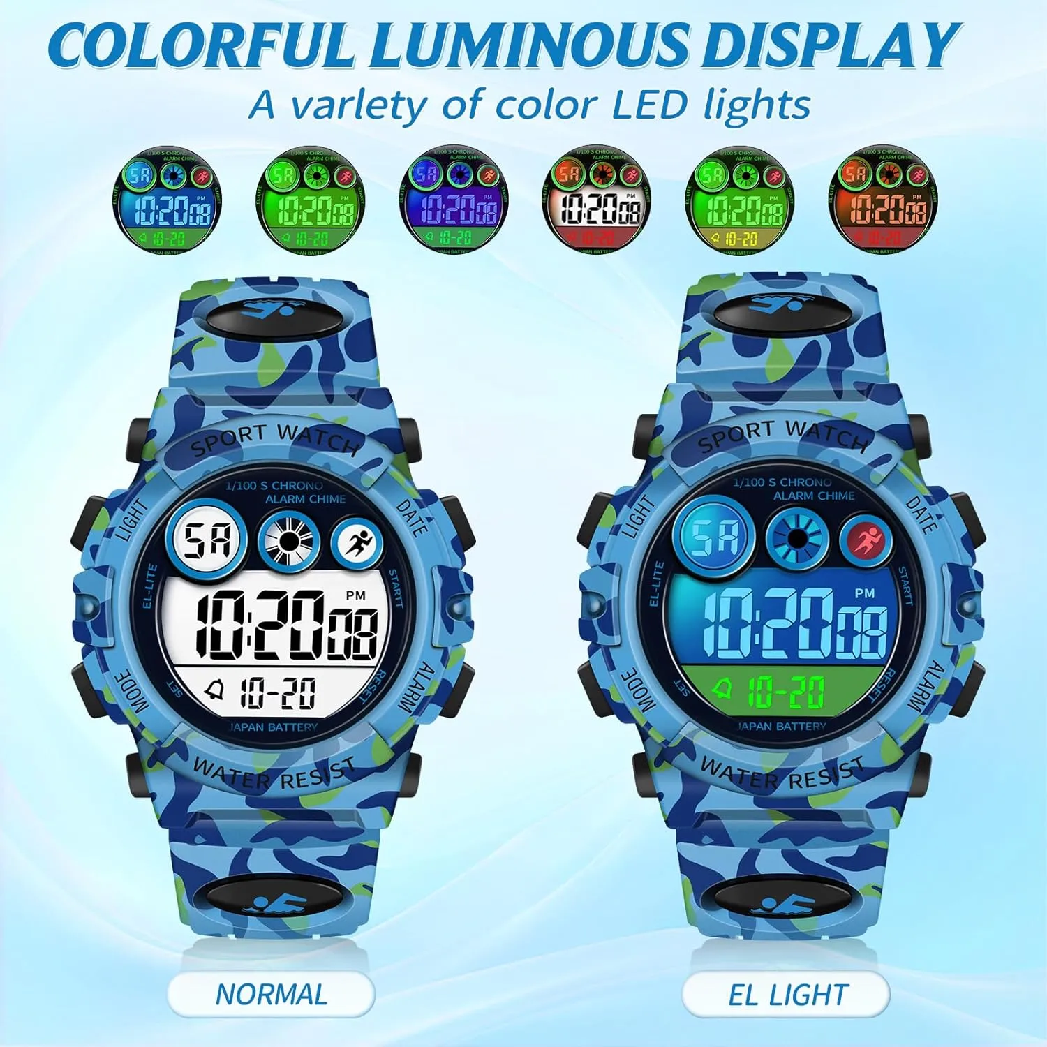Dayllon Kids Digital Watch,Boys Digital Outdoor Sport Waterproof Watch,with Calendar 12/24H Alarm 7 Colorful Backlight Stopwatch Wristwatch for 3-15 Years Old