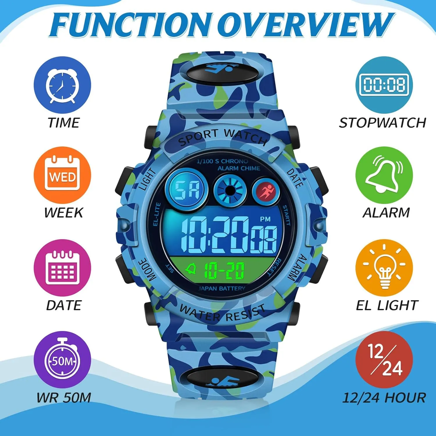 Dayllon Kids Digital Watch,Boys Digital Outdoor Sport Waterproof Watch,with Calendar 12/24H Alarm 7 Colorful Backlight Stopwatch Wristwatch for 3-15 Years Old