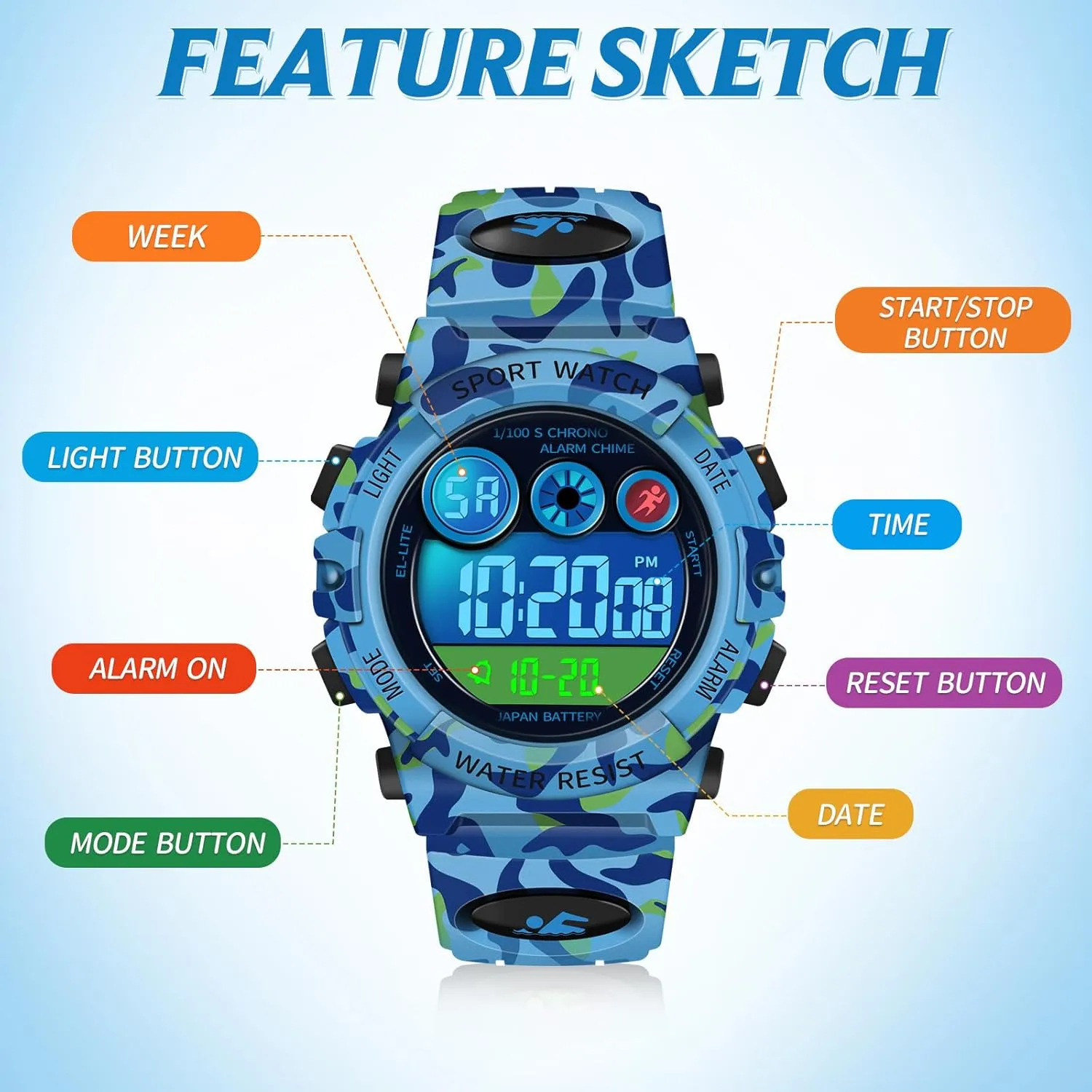 Dayllon Kids Digital Watch,Boys Digital Outdoor Sport Waterproof Watch,with Calendar 12/24H Alarm 7 Colorful Backlight Stopwatch Wristwatch for 3-15 Years Old