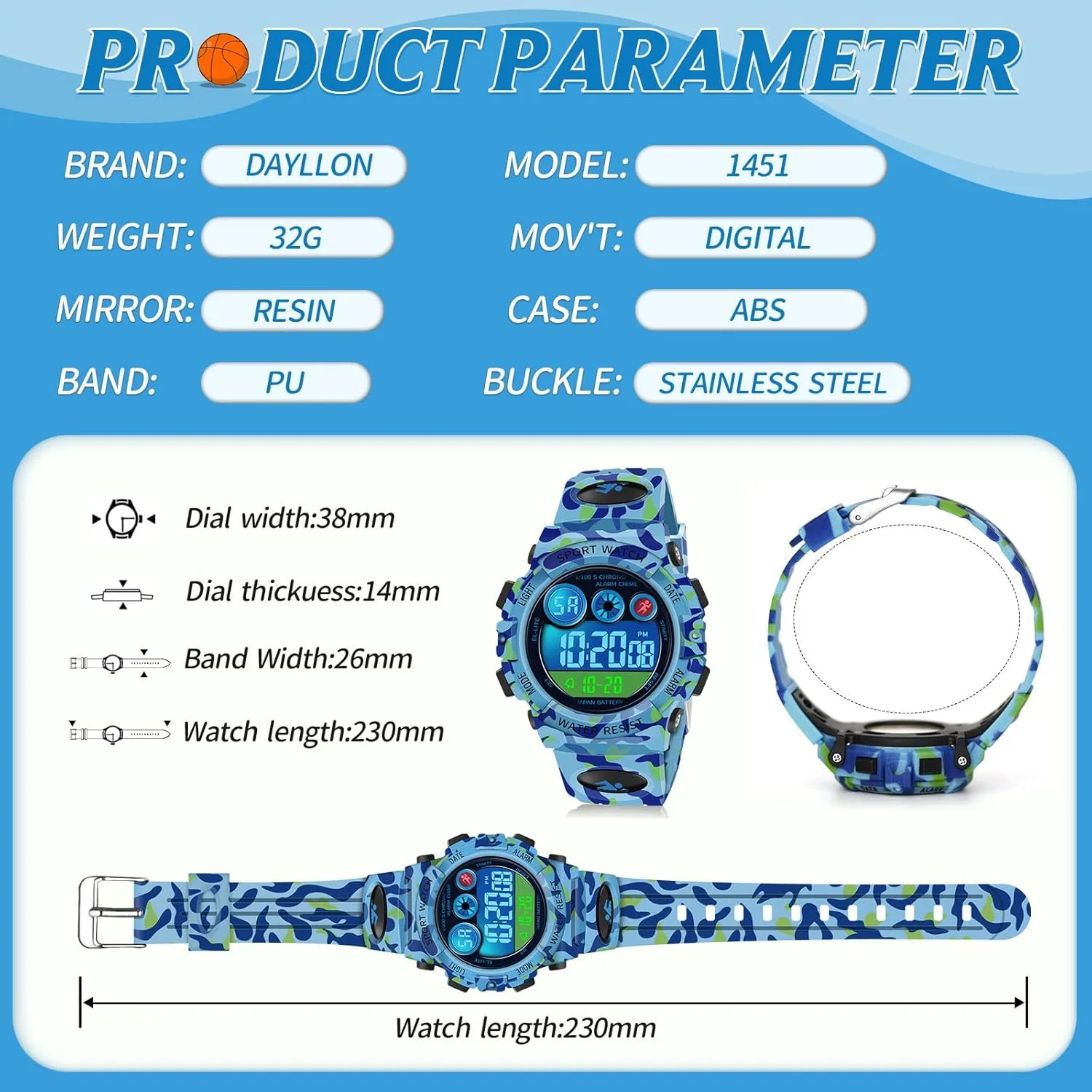 Dayllon Kids Digital Watch,Boys Digital Outdoor Sport Waterproof Watch,with Calendar 12/24H Alarm 7 Colorful Backlight Stopwatch Wristwatch for 3-15 Years Old
