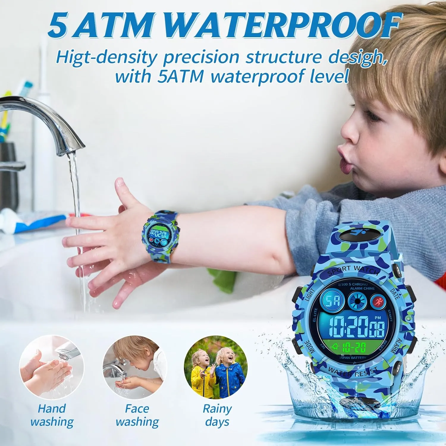 Dayllon Kids Digital Watch,Boys Digital Outdoor Sport Waterproof Watch,with Calendar 12/24H Alarm 7 Colorful Backlight Stopwatch Wristwatch for 3-15 Years Old