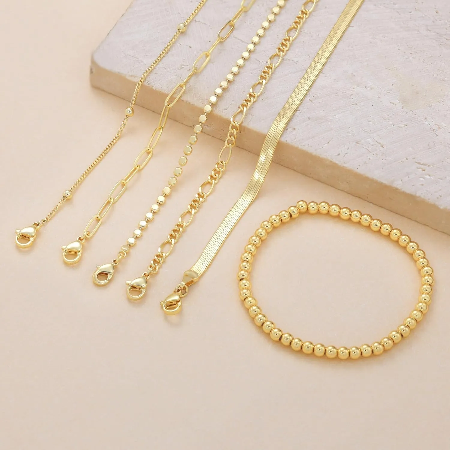 DEARMAY Dainty Silver Chain Bracelets for Women Trendy, Waterproof Sterling Silver/Gold Jewelry Sets Fashion Stackable Beaded Figaro Herringbone Paperclip Chain Bracelet Pack Stack Gifts for Womens