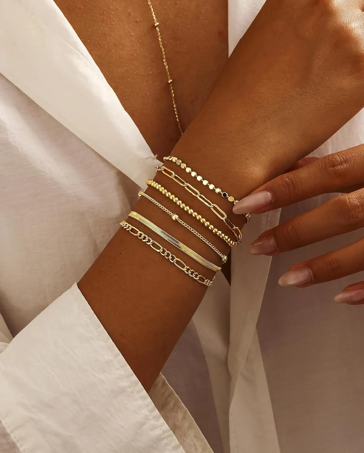 DEARMAY Dainty Silver Chain Bracelets for Women Trendy, Waterproof Sterling Silver/Gold Jewelry Sets Fashion Stackable Beaded Figaro Herringbone Paperclip Chain Bracelet Pack Stack Gifts for Womens