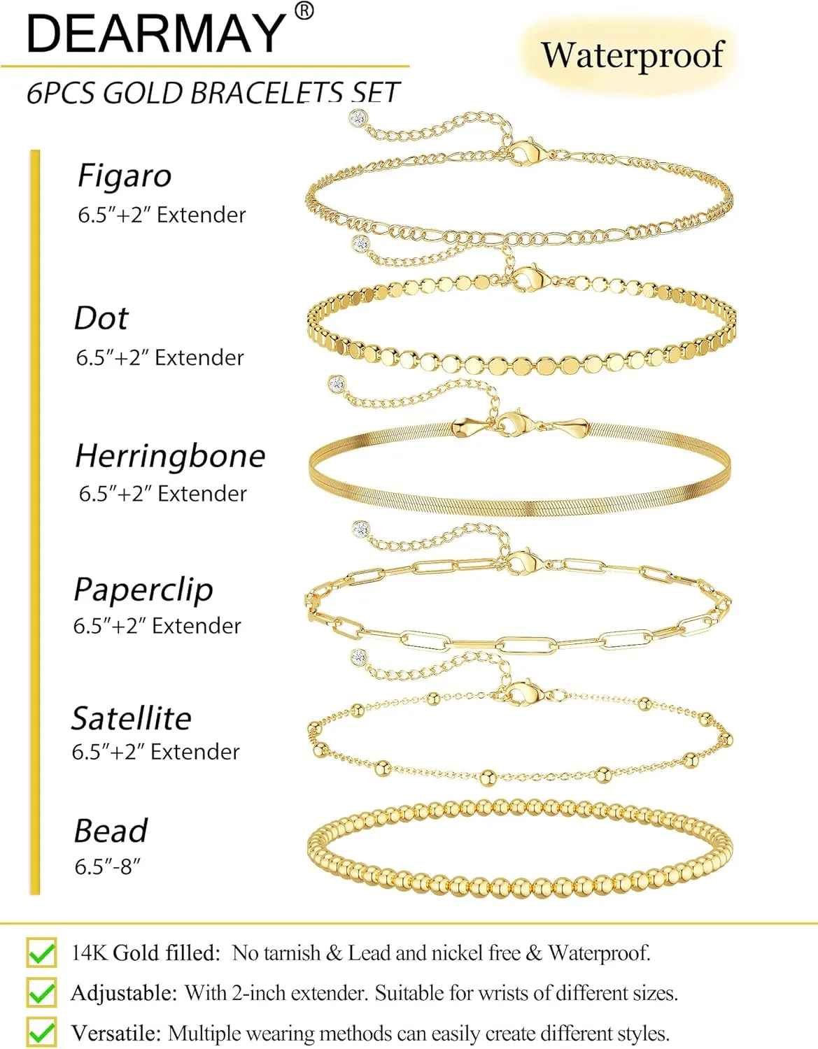 DEARMAY Dainty Silver Chain Bracelets for Women Trendy, Waterproof Sterling Silver/Gold Jewelry Sets Fashion Stackable Beaded Figaro Herringbone Paperclip Chain Bracelet Pack Stack Gifts for Womens
