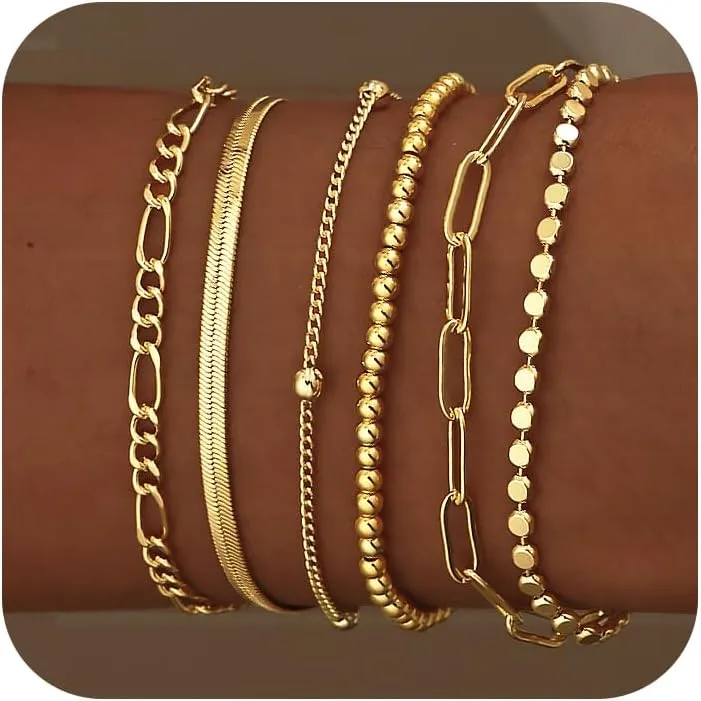 DEARMAY Dainty Silver Chain Bracelets for Women Trendy, Waterproof Sterling Silver/Gold Jewelry Sets Fashion Stackable Beaded Figaro Herringbone Paperclip Chain Bracelet Pack Stack Gifts for Womens
