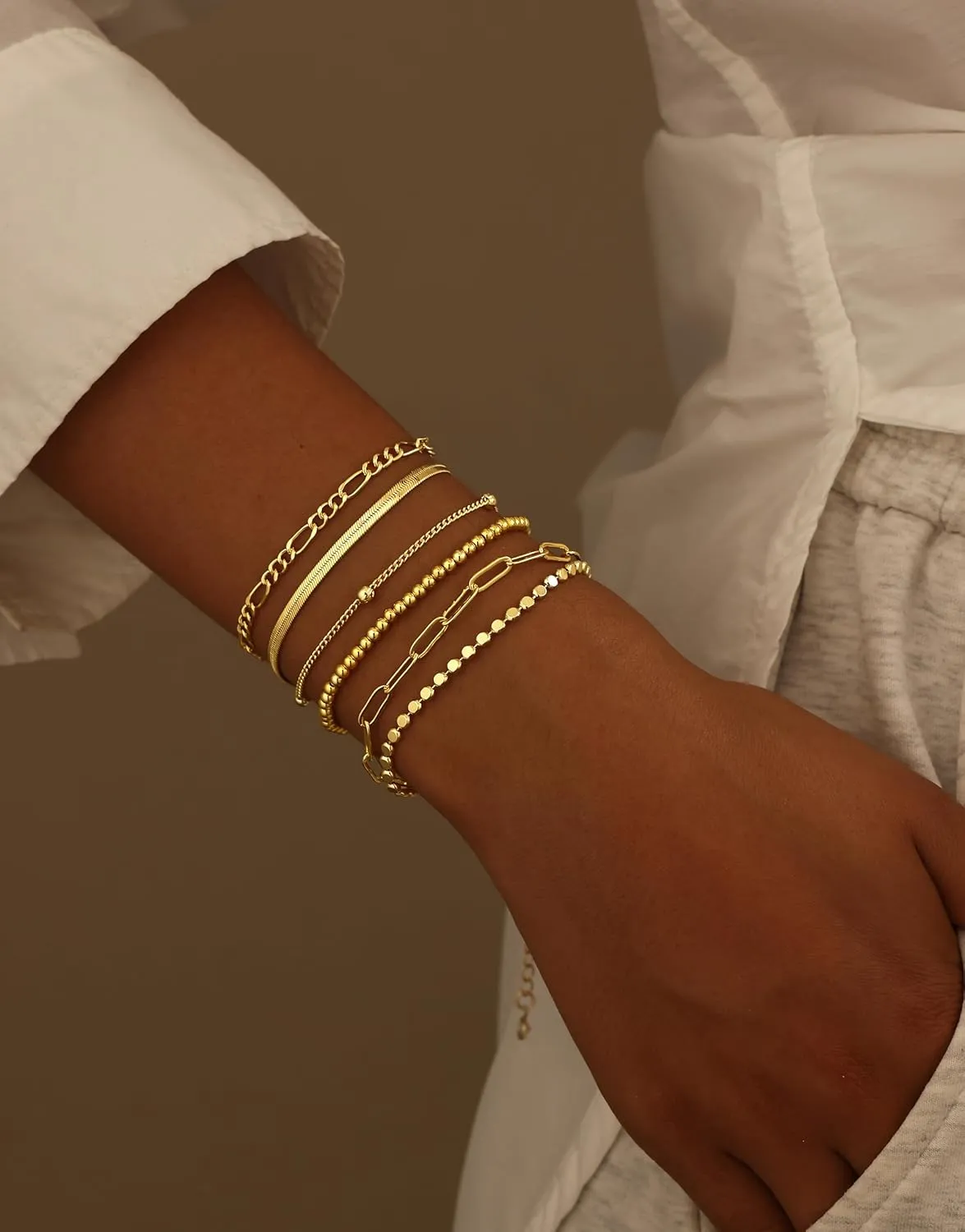 DEARMAY Dainty Silver Chain Bracelets for Women Trendy, Waterproof Sterling Silver/Gold Jewelry Sets Fashion Stackable Beaded Figaro Herringbone Paperclip Chain Bracelet Pack Stack Gifts for Womens