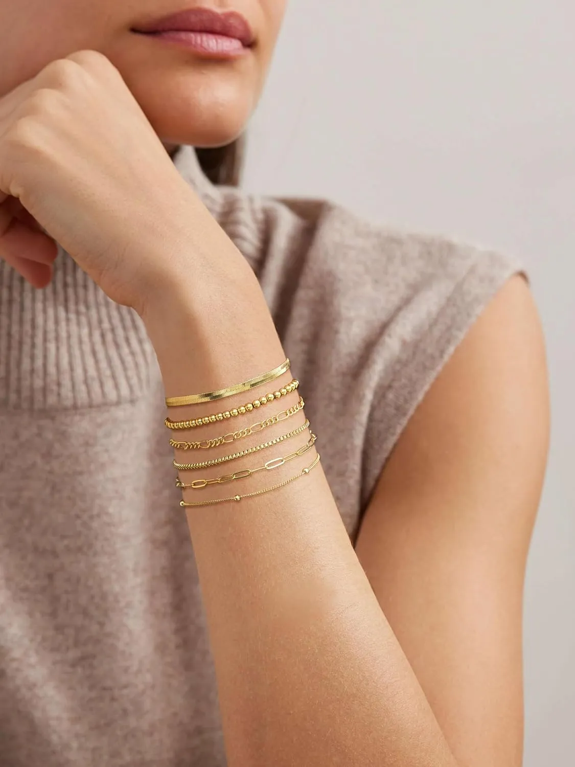 DEARMAY Gold Bracelets for Women Waterproof, 14K Real Gold Jewelry Sets Trendy Thin Dainty Stackable Cuban Link Paperclip Chain Bracelet Pack Fashion Accessories Gifts for Womens