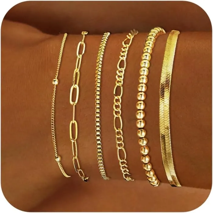 DEARMAY Gold Bracelets for Women Waterproof, 14K Real Gold Jewelry Sets Trendy Thin Dainty Stackable Cuban Link Paperclip Chain Bracelet Pack Fashion Accessories Gifts for Womens