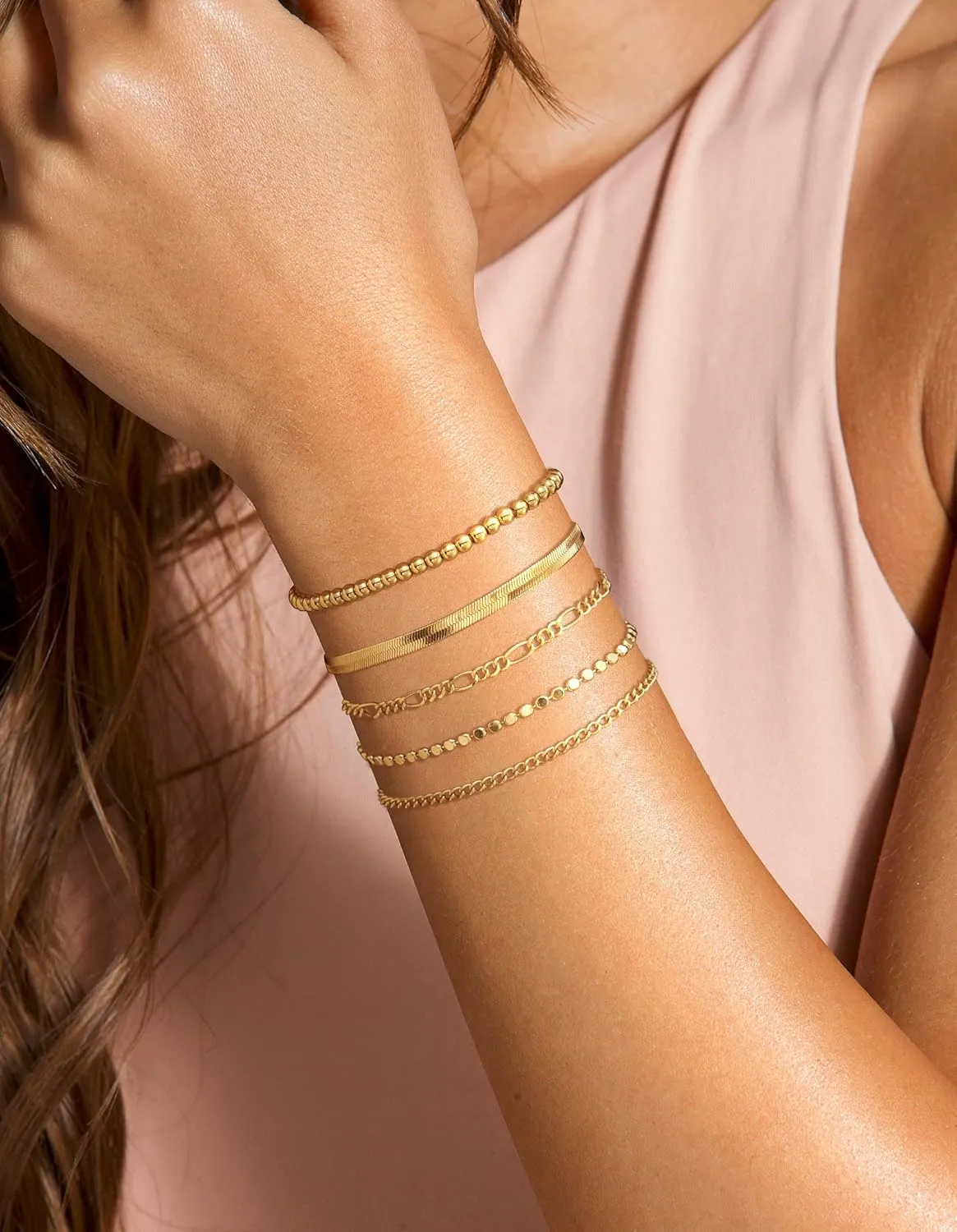 DEARMAY Gold Bracelets for Women Waterproof, 14K Real Gold Jewelry Sets Trendy Thin Dainty Stackable Cuban Link Paperclip Chain Bracelet Pack Fashion Accessories Gifts for Womens