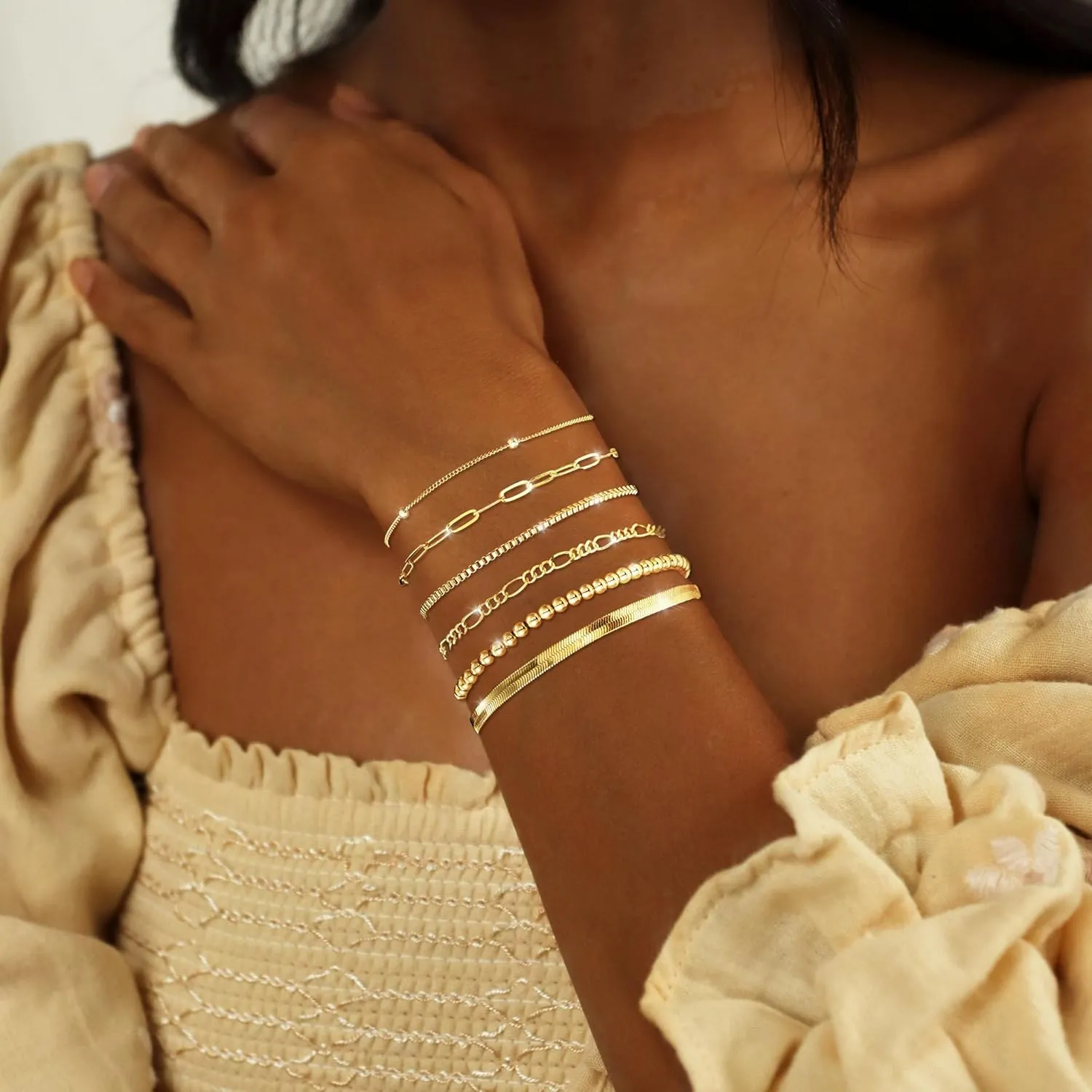 DEARMAY Gold Bracelets for Women Waterproof, 14K Real Gold Jewelry Sets Trendy Thin Dainty Stackable Cuban Link Paperclip Chain Bracelet Pack Fashion Accessories Gifts for Womens