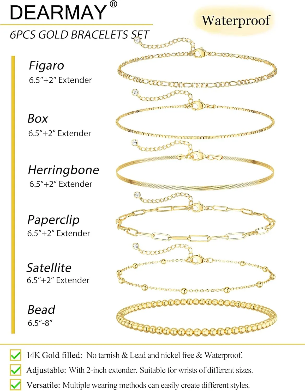DEARMAY Gold Bracelets for Women Waterproof, 14K Real Gold Jewelry Sets Trendy Thin Dainty Stackable Cuban Link Paperclip Chain Bracelet Pack Fashion Accessories Gifts for Womens