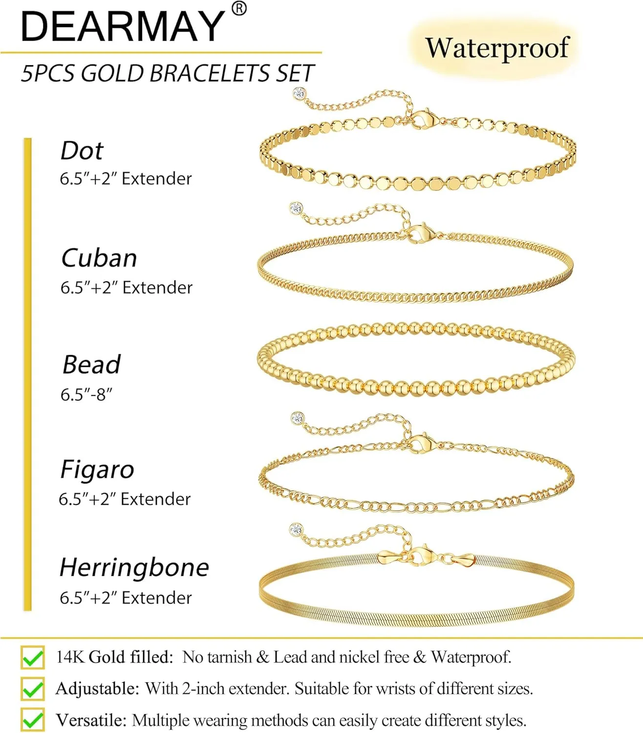 DEARMAY Gold Bracelets for Women Waterproof, 14K Real Gold Jewelry Sets Trendy Thin Dainty Stackable Cuban Link Paperclip Chain Bracelet Pack Fashion Accessories Gifts for Womens