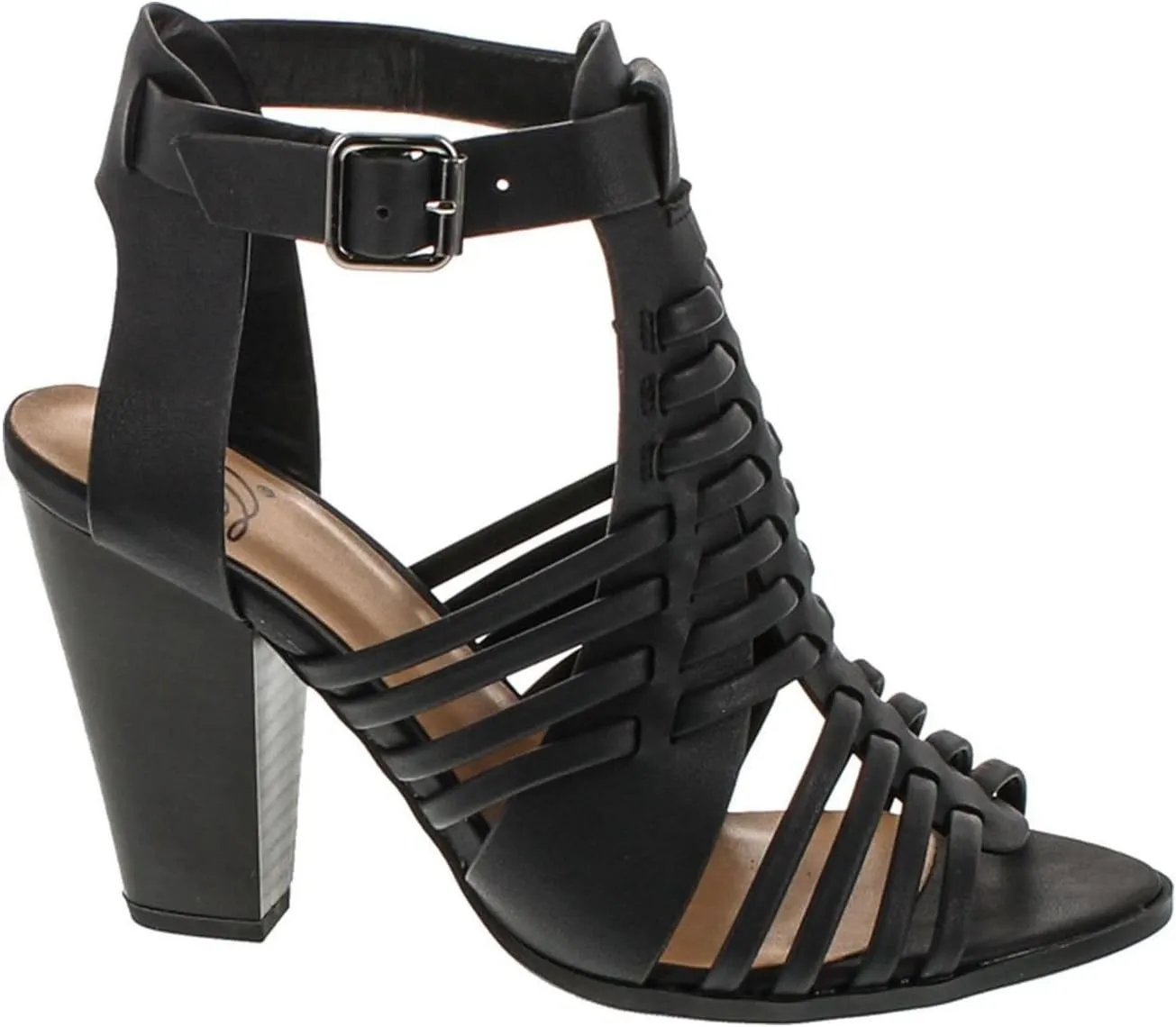 Delcious Women's Aliya Strappy Gladiator Open Toe Stacked Heel Sandal,Black,9