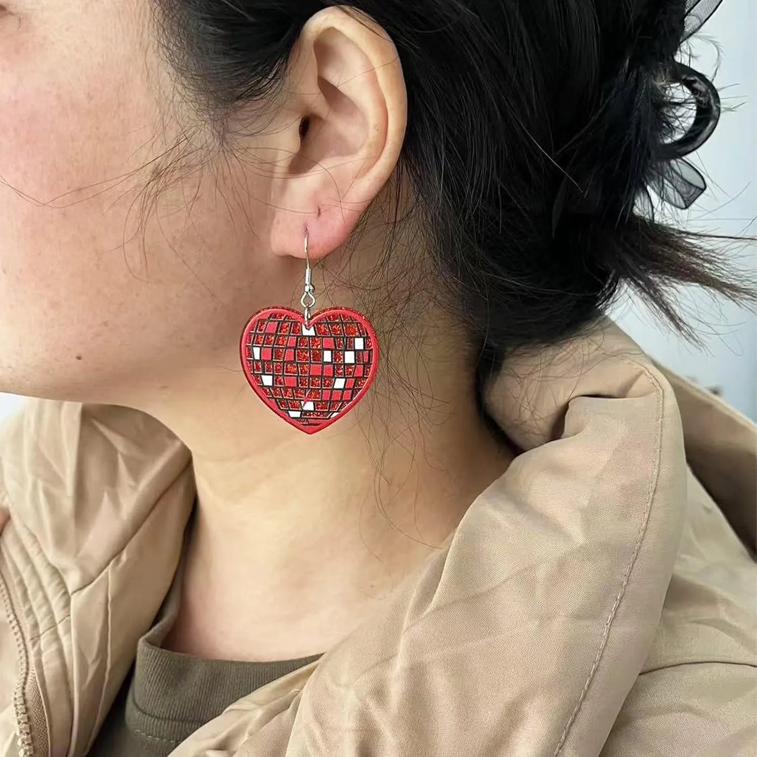 Disco Ball Heart Earrings for Women Glisten Dangle Acrylic Halloween Earring