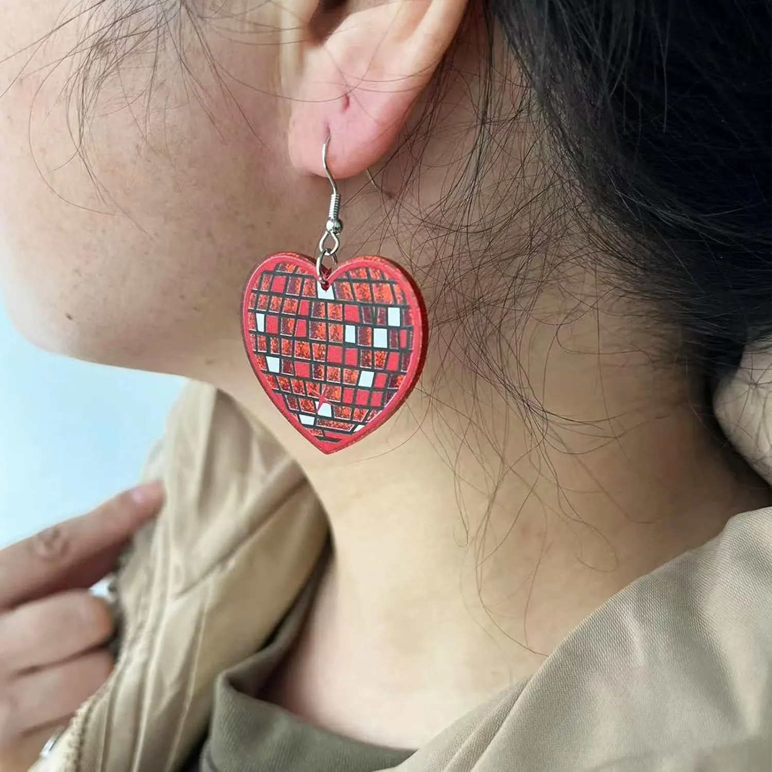 Disco Ball Heart Earrings for Women Glisten Dangle Acrylic Halloween Earring