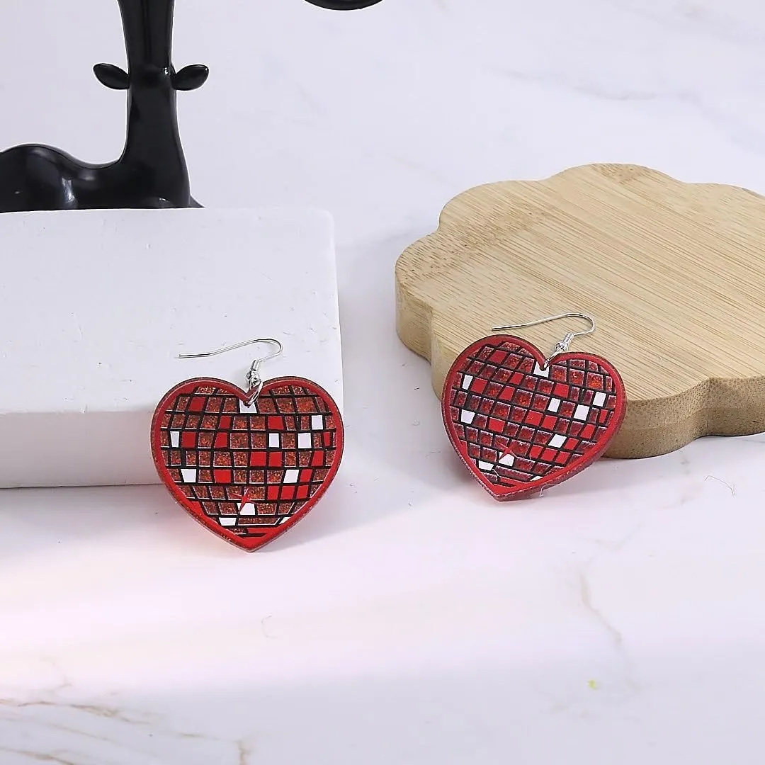 Disco Ball Heart Earrings for Women Glisten Dangle Acrylic Halloween Earring