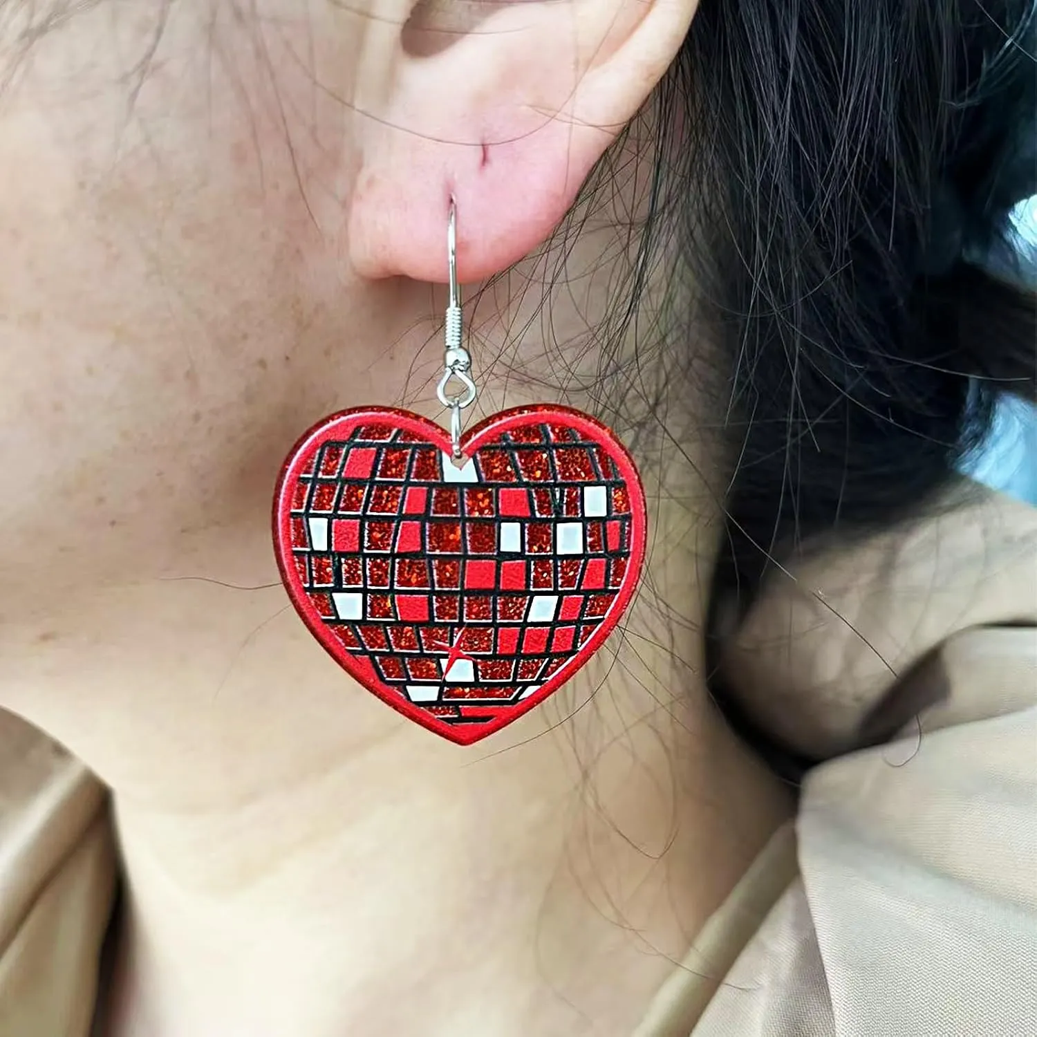 Disco Ball Heart Earrings for Women Glisten Dangle Acrylic Halloween Earring
