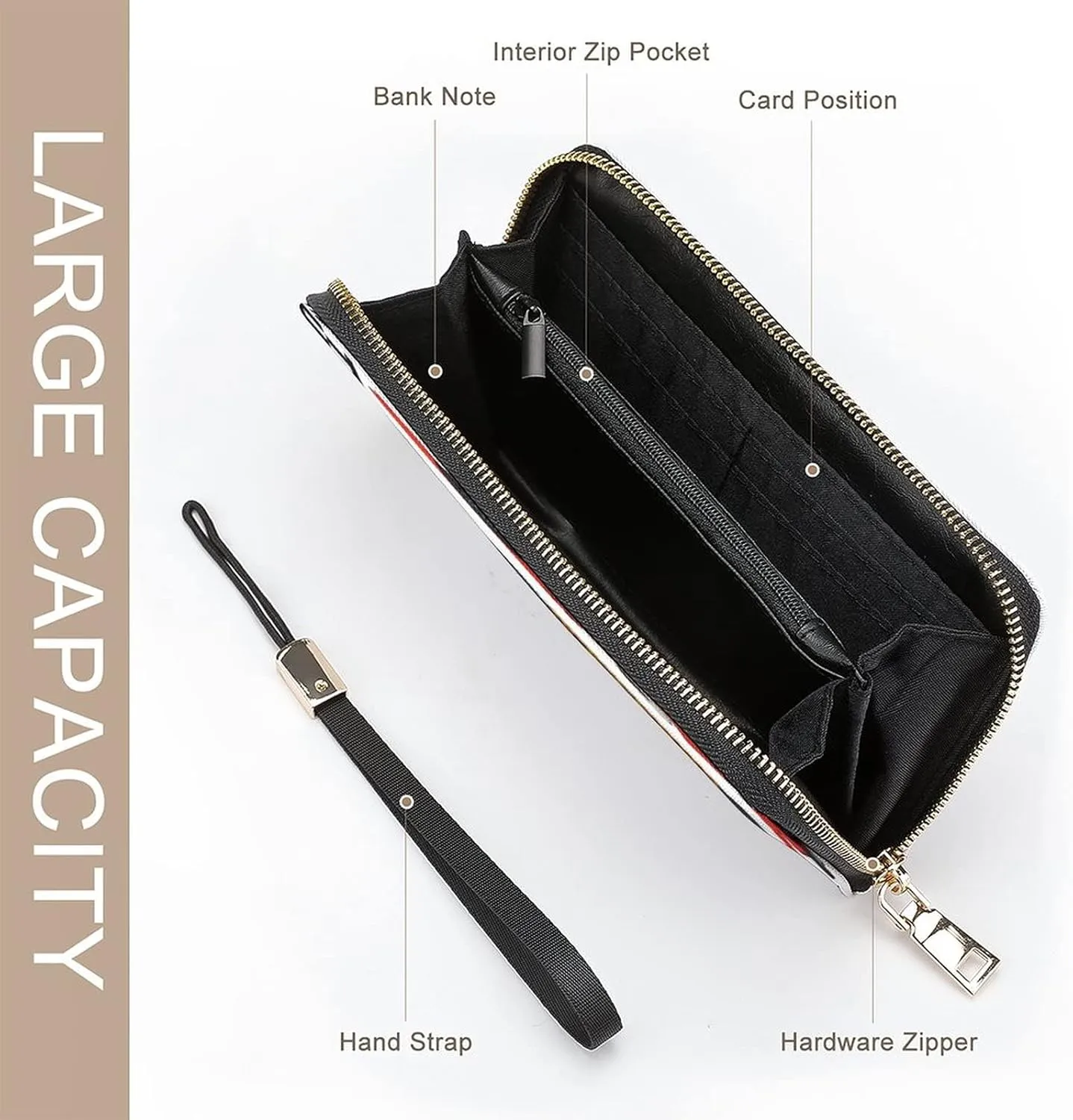 Donnapink Long Clutch Wallet, Long Handbag with Wristlet Strap, PU Leather Zip Purse