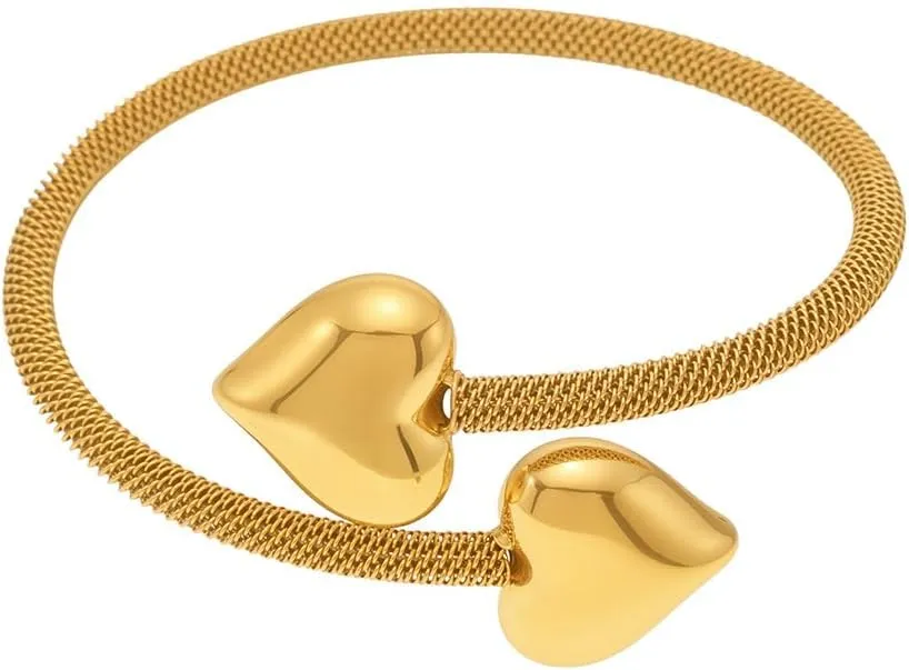Double Heart Bangle Bracelet for Women Stainless Steel Thick Love Hearts Chunky Wrap Cuff Bangles Minimalist Open Mesh Bracelets Fashion Hand Jewelry