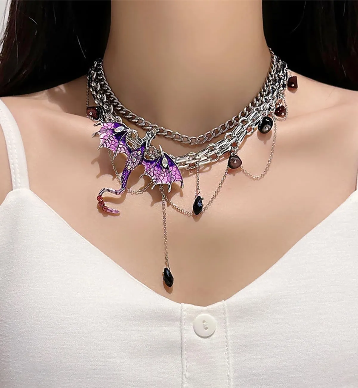 Dragon Choker Necklace For Women Black Purple Silver Stainless Steel Cubic Zirconia Leather Punk Gothic Cool Flying Dragon Pendant Necklace Adjustable Chain Jewelry For Her