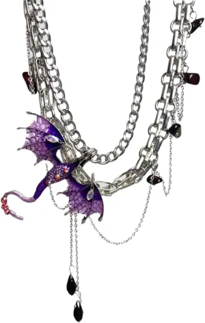 Dragon Choker Necklace For Women Black Purple Silver Stainless Steel Cubic Zirconia Leather Punk Gothic Cool Flying Dragon Pendant Necklace Adjustable Chain Jewelry For Her