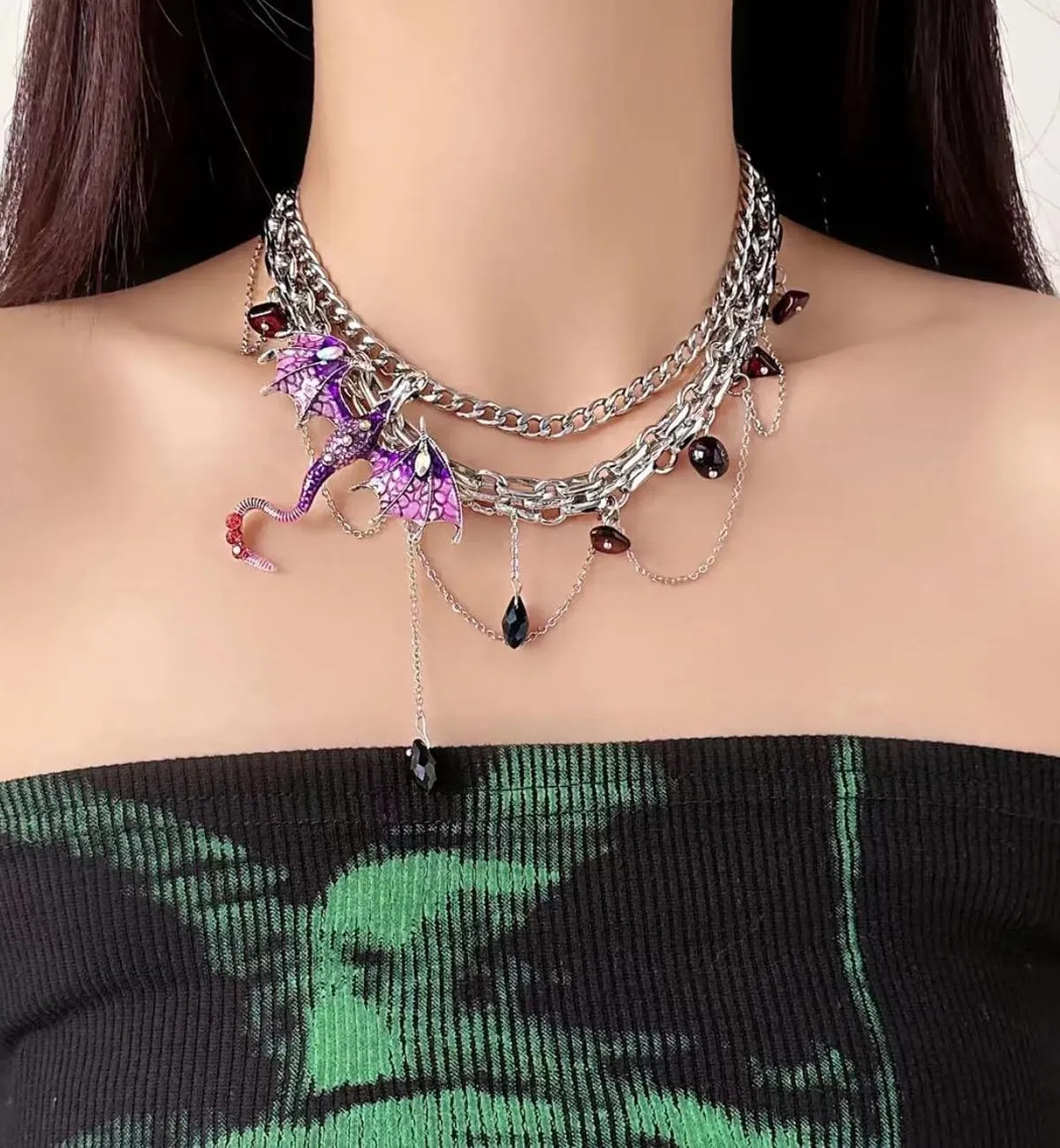 Dragon Choker Necklace For Women Black Purple Silver Stainless Steel Cubic Zirconia Leather Punk Gothic Cool Flying Dragon Pendant Necklace Adjustable Chain Jewelry For Her