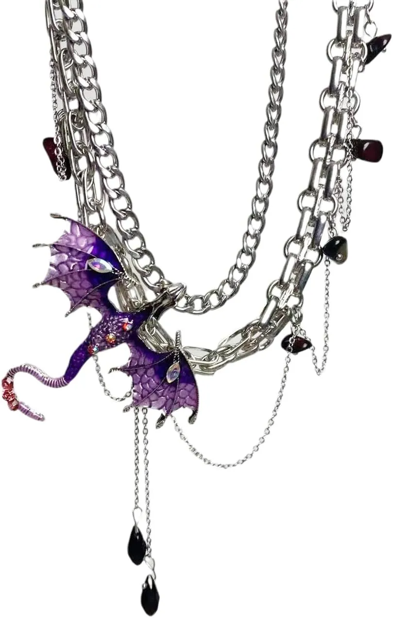 Dragon Choker Necklace For Women Black Purple Silver Stainless Steel Cubic Zirconia Leather Punk Gothic Cool Flying Dragon Pendant Necklace Adjustable Chain Jewelry For Her
