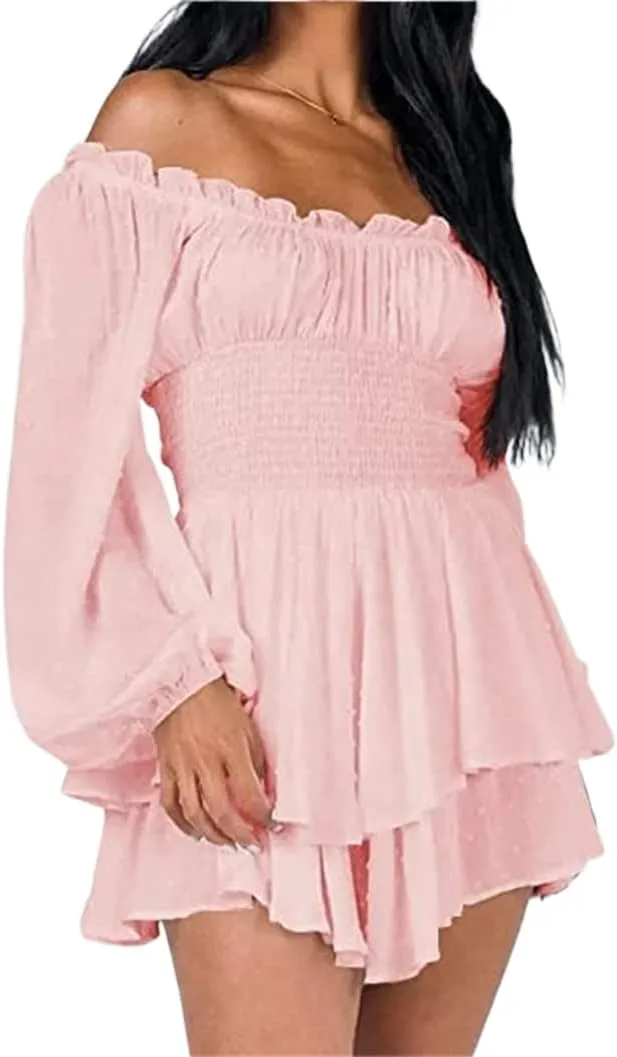 Dress Romper Women Layer Ruffle Short Jumpsuit Off Shoulder Lantern Long Sleeve Flowy Mini Dress Playsuit Y2k Fall