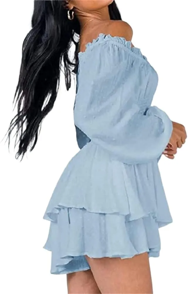 Dress Romper Women Layer Ruffle Short Jumpsuit Off Shoulder Lantern Long Sleeve Flowy Mini Dress Playsuit Y2k Fall