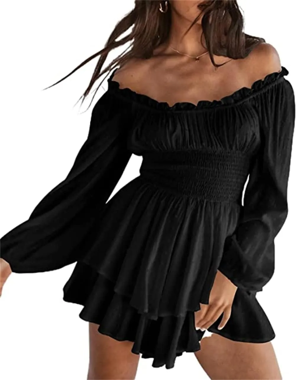 Dress Romper Women Layer Ruffle Short Jumpsuit Off Shoulder Lantern Long Sleeve Flowy Mini Dress Playsuit Y2k Fall