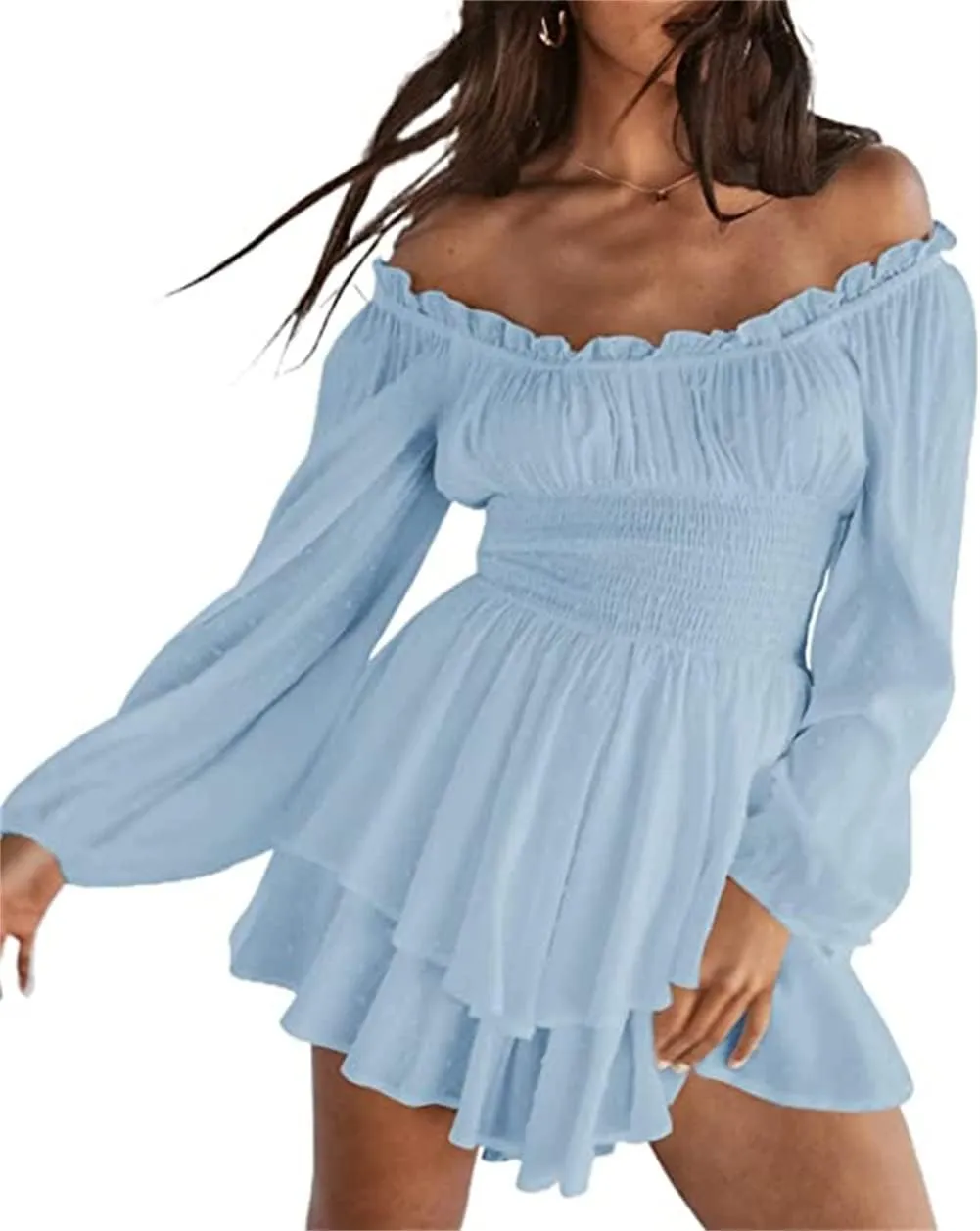Dress Romper Women Layer Ruffle Short Jumpsuit Off Shoulder Lantern Long Sleeve Flowy Mini Dress Playsuit Y2k Fall